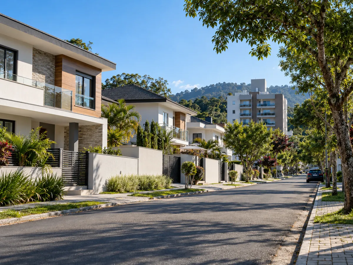 Rua residencial arborizada com casas e um prédio baixo