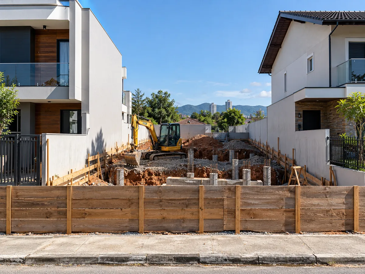 Obra começando num terreno entre duas casas vizinhas