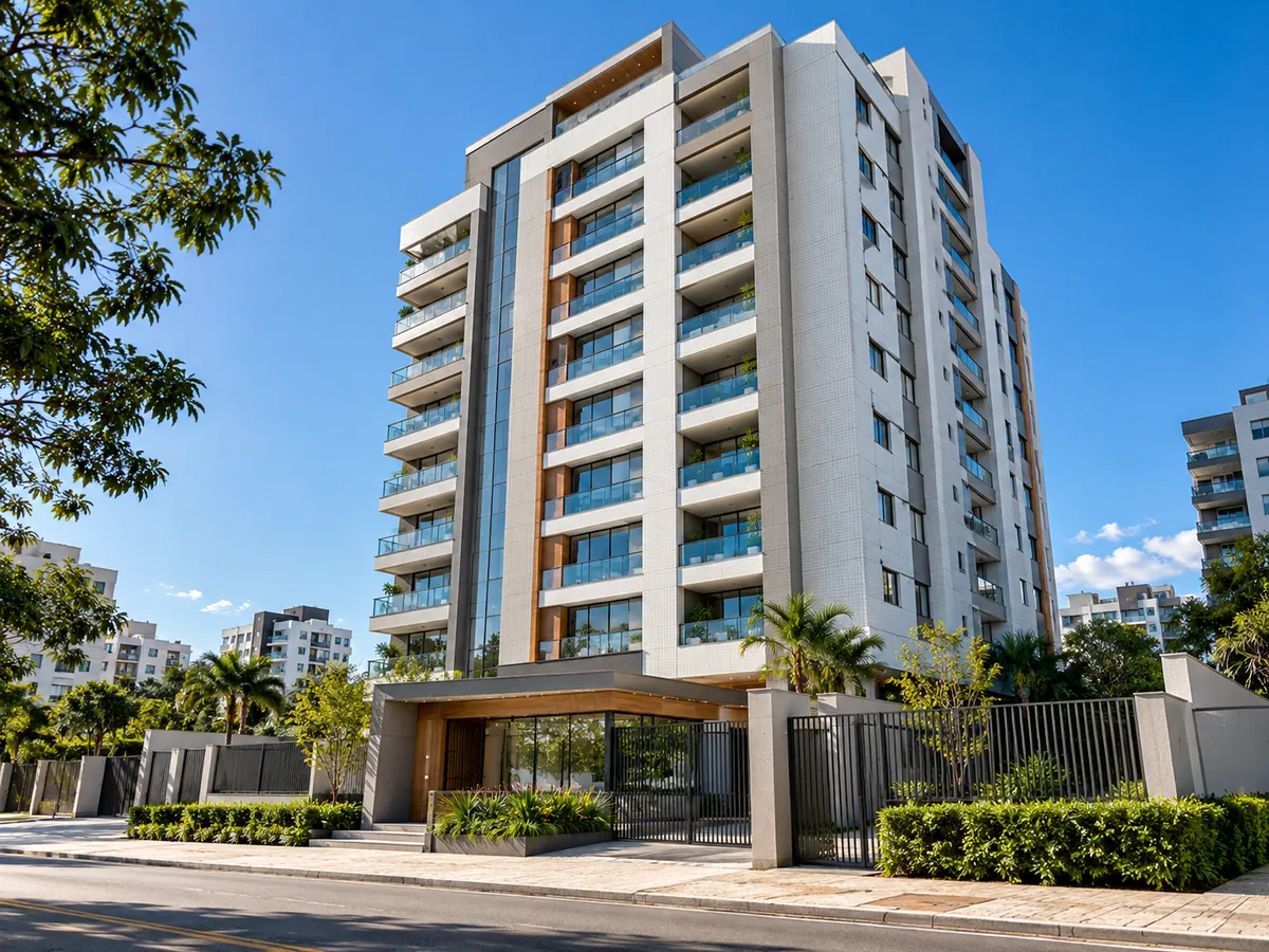 Prédio residencial de condomínio visto da rua